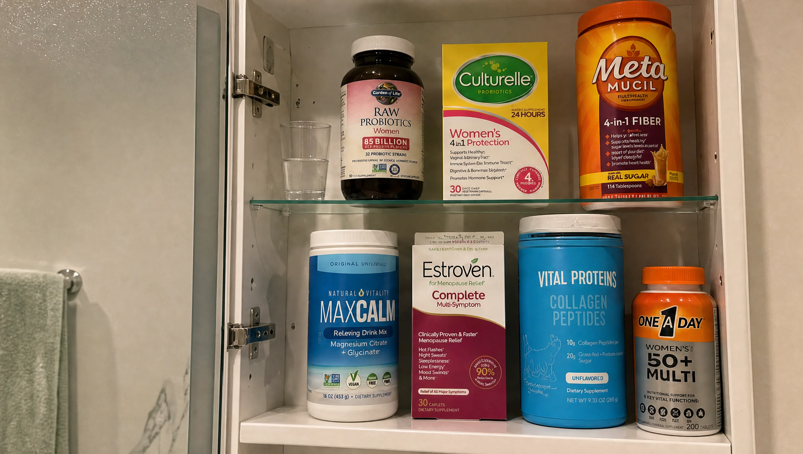 An open medicine cabinet showing several supplement bottles and probiotic boxes on glass shelves.