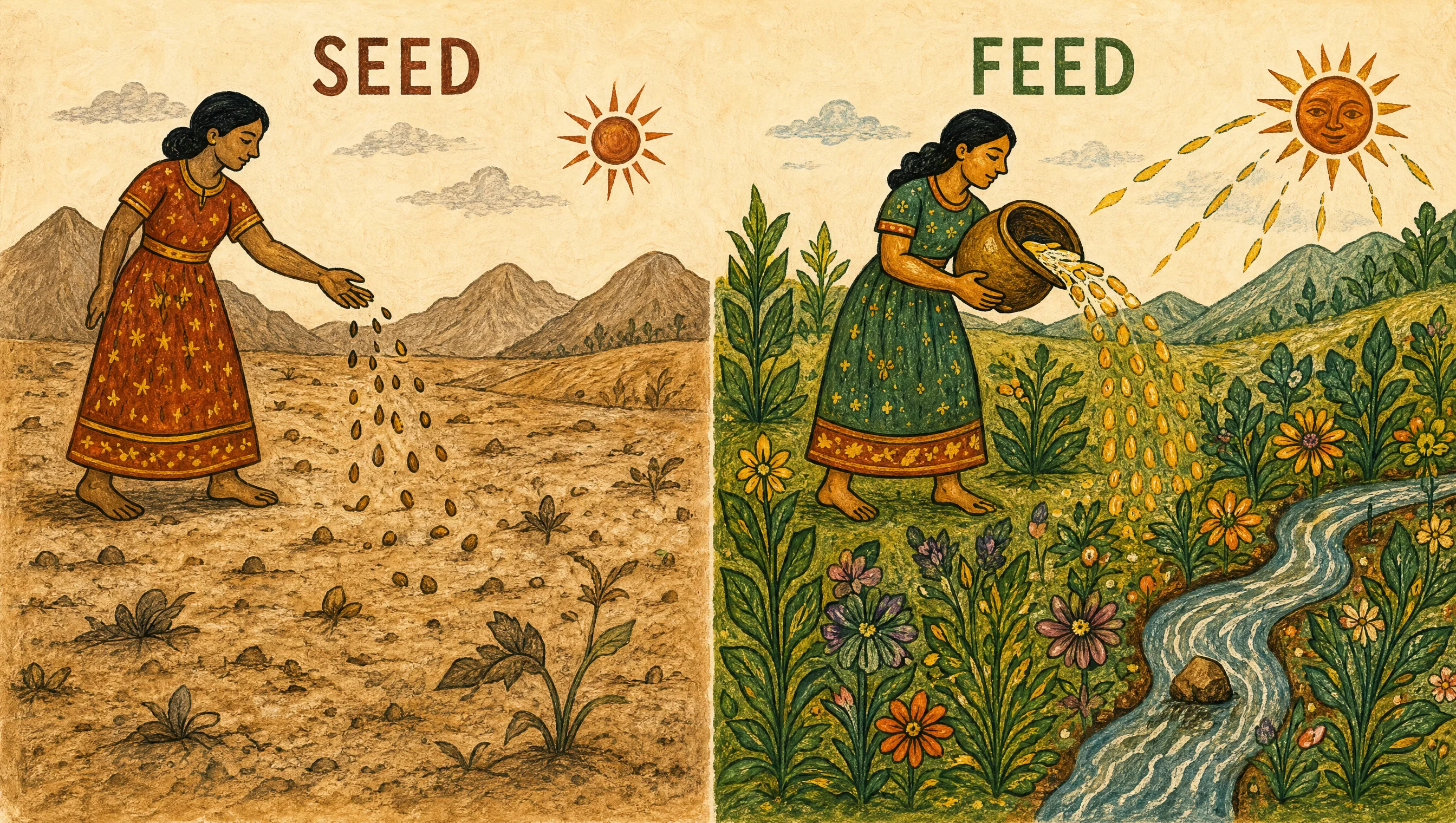 Two-panel folk illustration: SEED shows a woman scattering seeds onto dry cracked earth; FEED shows a woman pouring grain onto a lush flowering garden with a stream.
