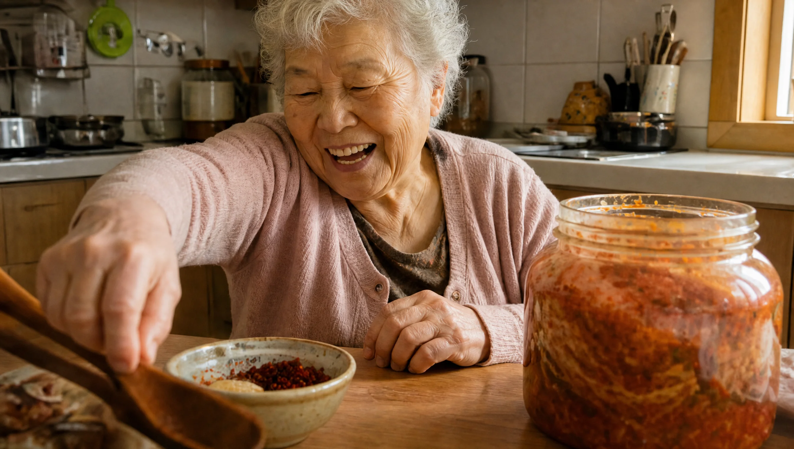 An older Korean grandmother laughing in her kitchen beside a large jar of fermenting kimchi.