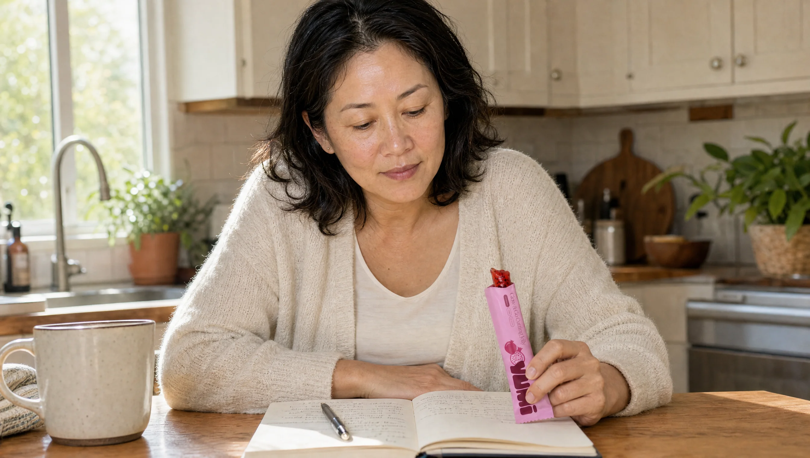 Dr. Grace Kim at her kitchen counter with a coffee mug and journal, holding a Yumi jelly stick.