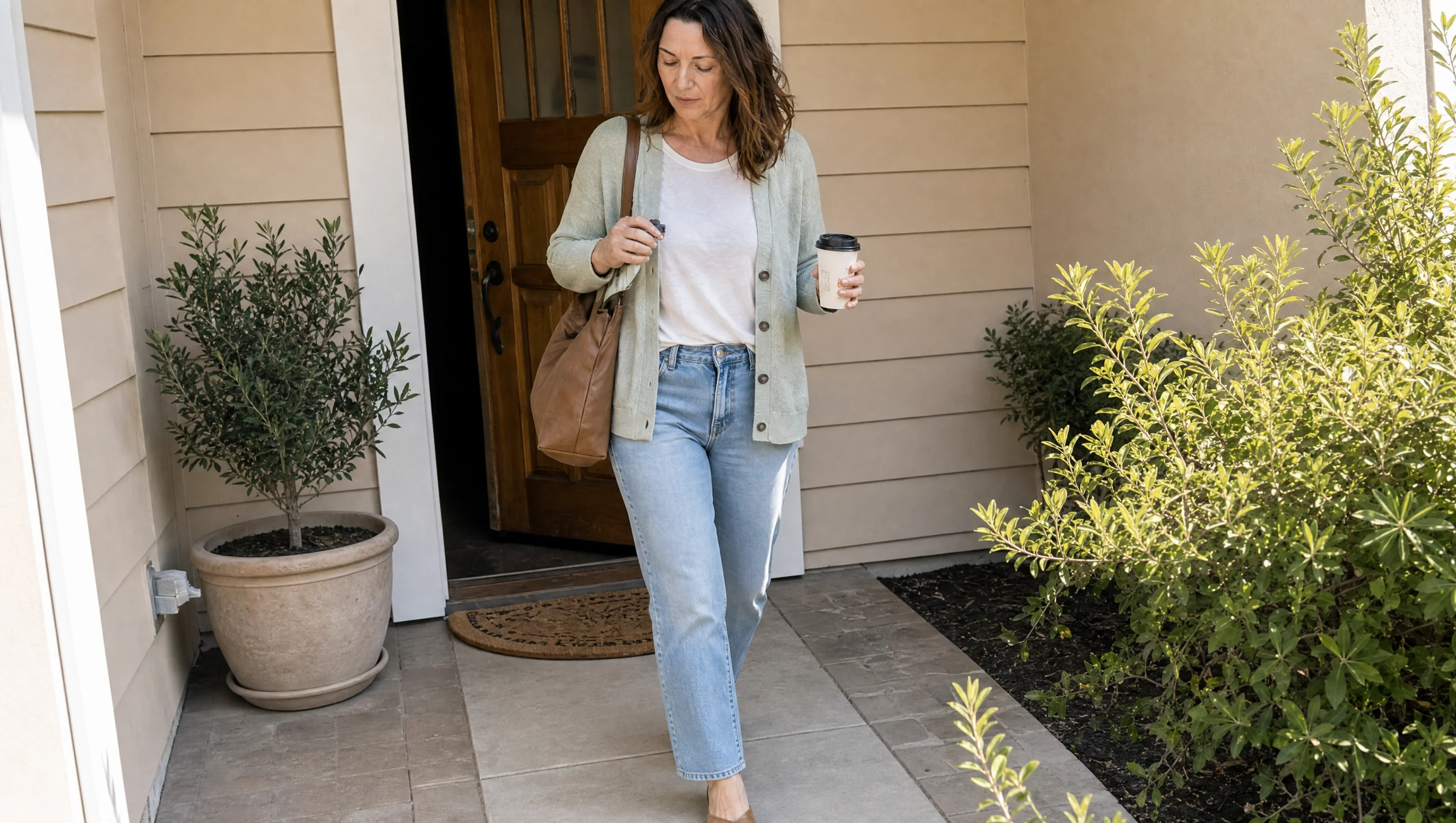 A woman in her late 40s walking out her front door in jeans and a sage cardigan, coffee cup in hand.